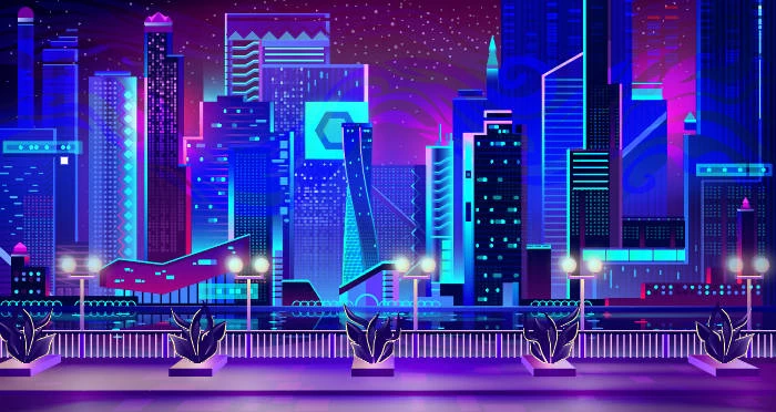 未来科技科幻霓虹灯渐变绚丽城市建筑夜景灯光插画AI/PSD设计素材100套【039】